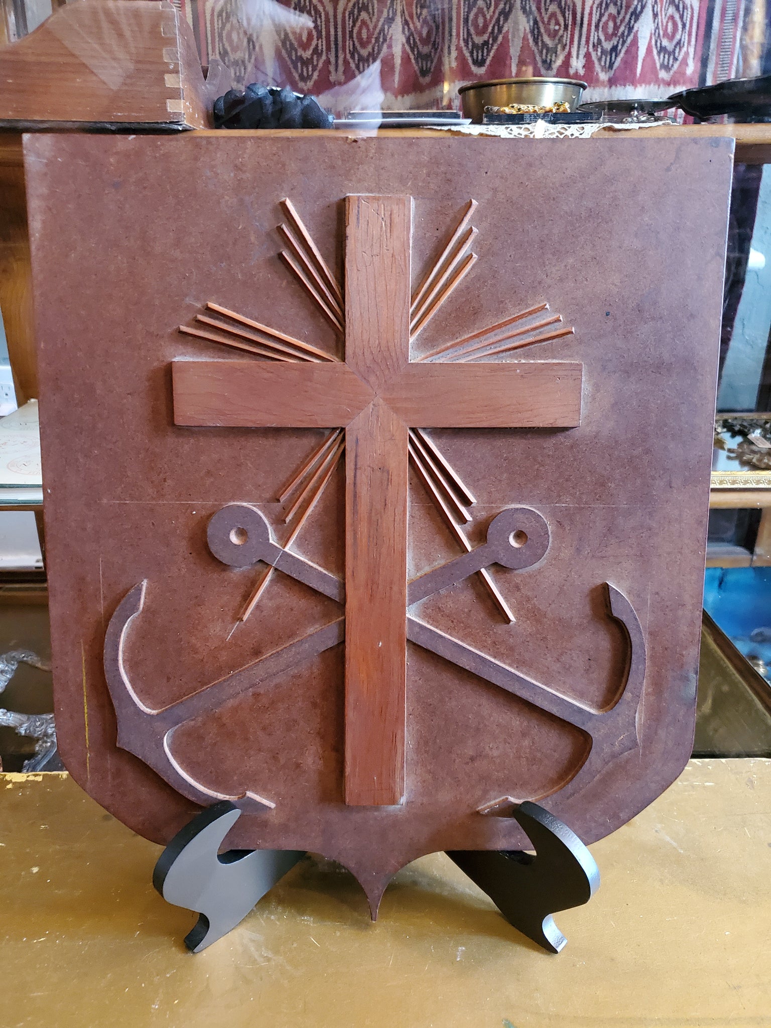 Wood Shield with Calvary Cross and Anchors