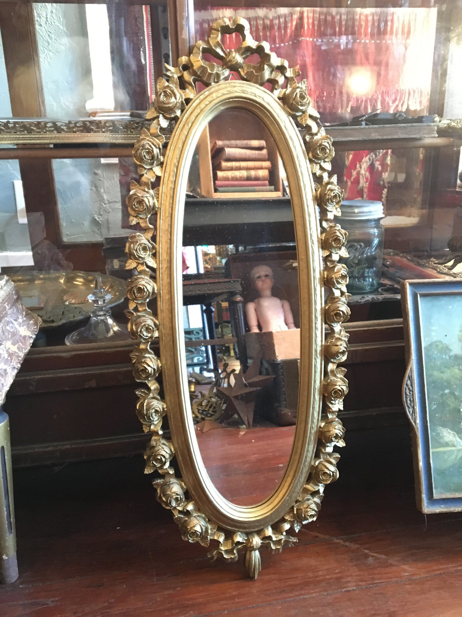 Sale Mid-Century GOLD SYROCO Round Oval Mirror Frame Flowers